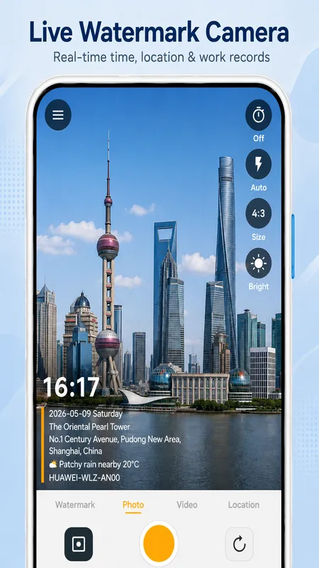 StampCam screen: a photo stamped with time, address and GPS coordinates (android 1)