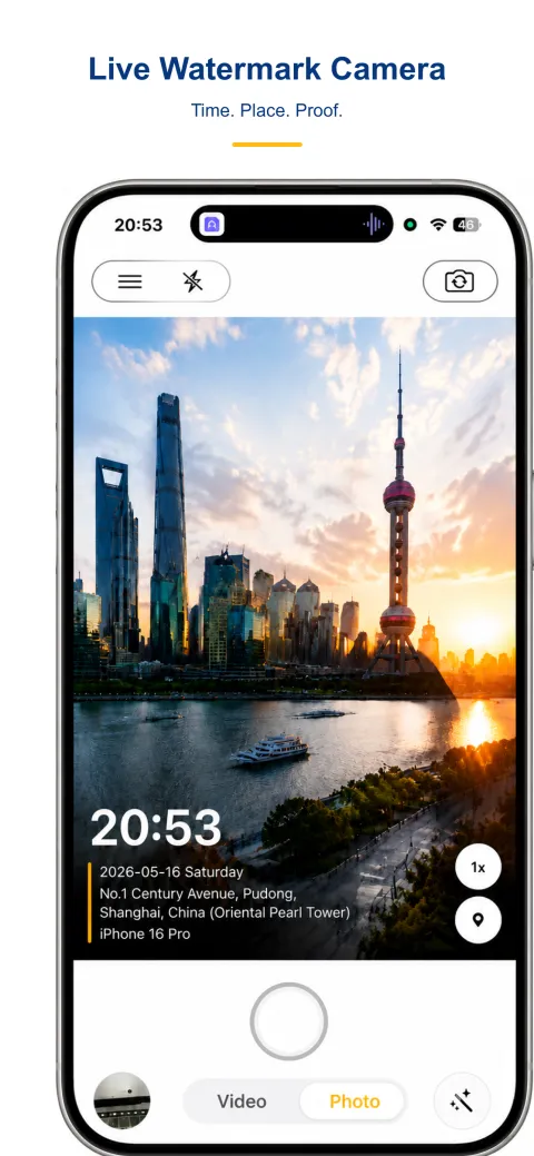 StampCam screen: a photo stamped with time, address and GPS coordinates (ios 1)