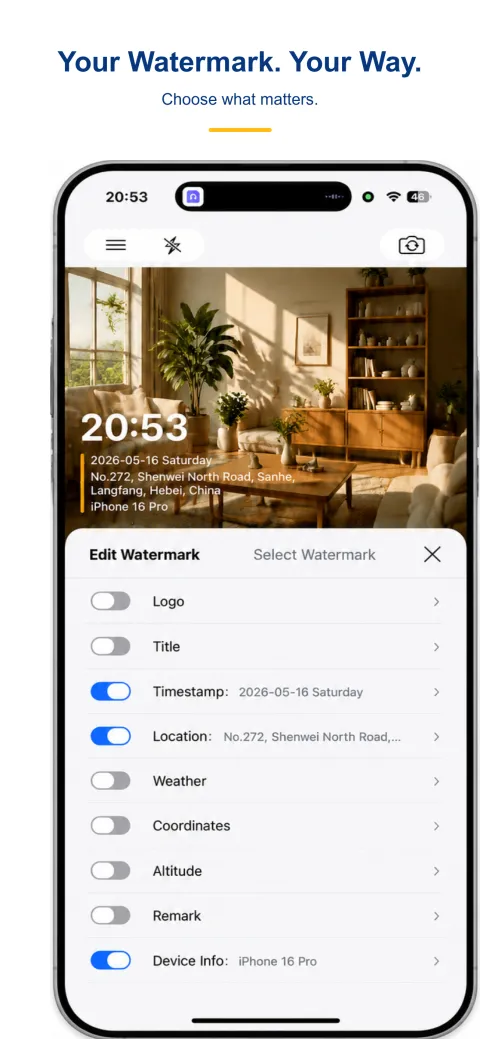 StampCam screen: a photo stamped with time, address and GPS coordinates (ios 2)
